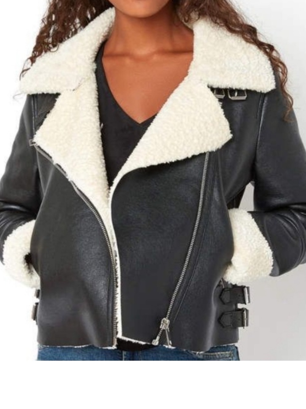 Blank NYC Black Jacket with Cream Faux Shearling Trim